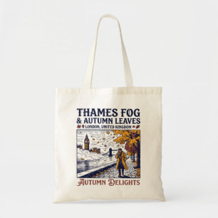 Nebel an der Themse und Herbstblätter London UK Tragetasche