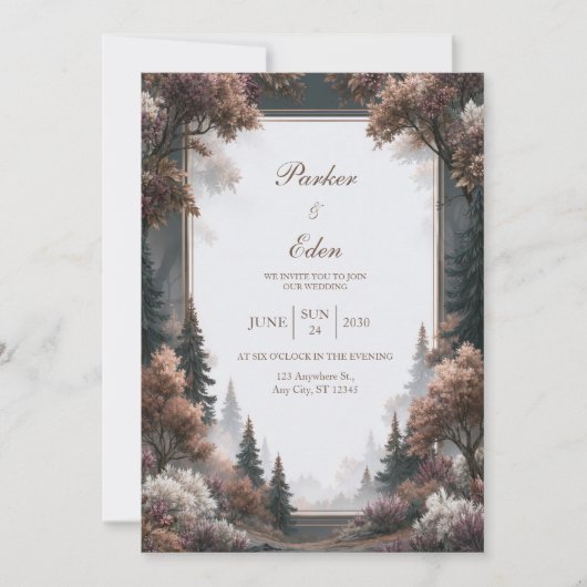 Nebel-Kiefernhochzeit Einladung (Vorderseite)
