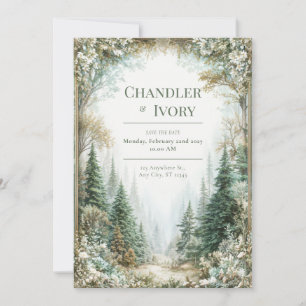 Nebel-Kiefernwald Gold Florale Hochzeit Einladung
