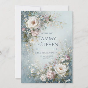 Nebel Teal Aquarell Elfenbein Rosen Hochzeit Einladung