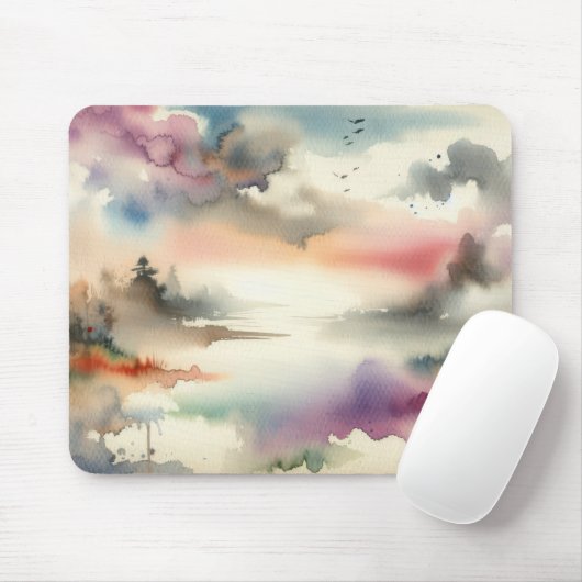 Nebelbäume und Vögel in Aquarellen Mousepad (Mit Mouse)