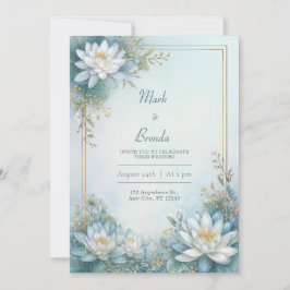 Nebelblaue Wasserlilien-Goldrahmen-Hochzeit Einladung