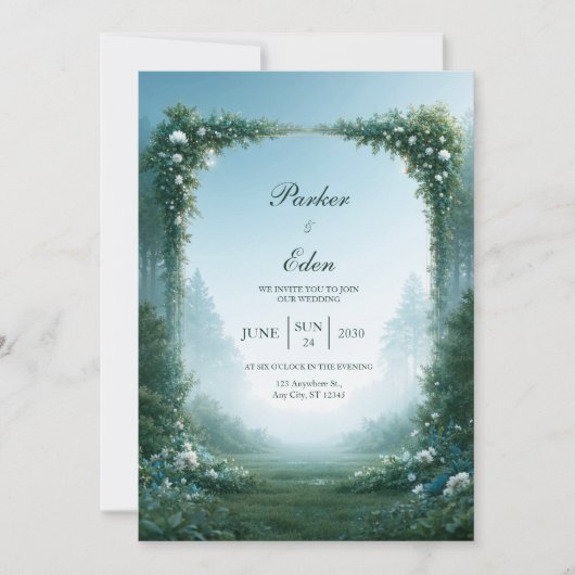 Nebelblaue Wiesenbogen-Hochzeit Einladung (Vorderseite)