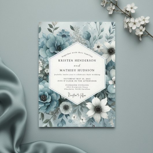 Nebelhaft blaue florale Hochzeit Einladung