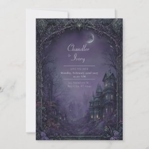 Nebelhaft violette mondbeschienene gotische Manor- Einladung