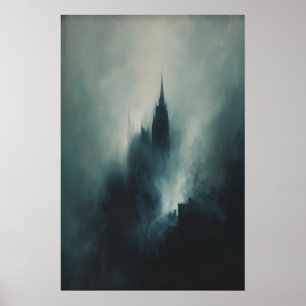 Nebelhaftes Kathedralenschloss-Silhouette, Düstere Poster