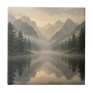 Nebeliger Bergsee-Kiefernwald-Sonnenaufgang Fliese