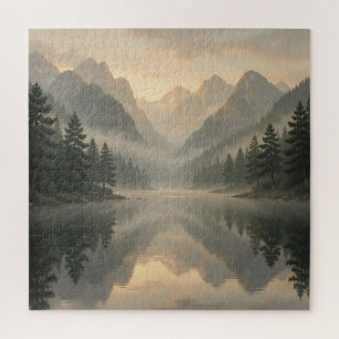 Nebeliger Bergsee-Kiefernwald-Sonnenaufgang Puzzle