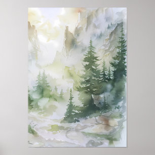 Nebeliger Bergwald in Aquarell Poster