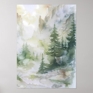 Nebeliger Bergwald in Aquarell Poster