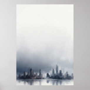 Nebeliger blauer grauer Stadtsilhouette Wasserfarb Poster