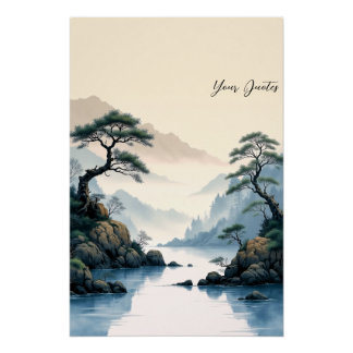 Nebeliger Fluss im Gebirge - Chinesische Tuschmale Poster