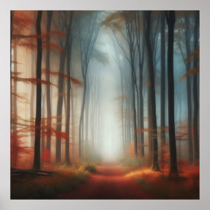 Nebeliger Herbstwaldposter, farbenfroher Baum Poster
