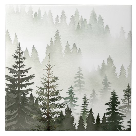 Nebeliger Immergrüner Wald Wasserfarbe Fliese (Vorderseite)