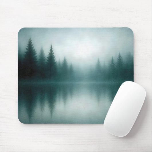 Nebeliger Kiefernbaum spiegelt sich im Seewasser Mousepad (Mit Mouse)