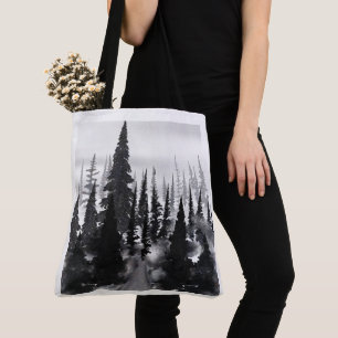 Nebeliger monochromer Kiefernwald-Wasserfarben-Kun Tasche