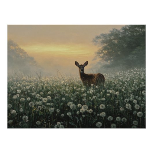 Nebeliger Morgen Wiesenhirsch Poster (Vorderseite)