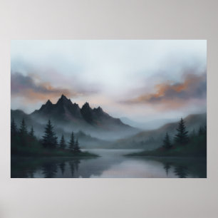 Nebeliger See im Kiefernwald am Charcoal Mountain Poster