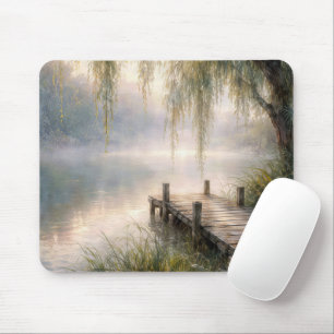 Nebeliger See-Steiger mit Weidenbaum Mousepad