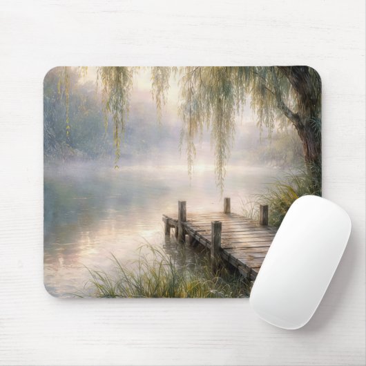Nebeliger Seebau mit Weidenbaum Mousepad (Mit Mouse)