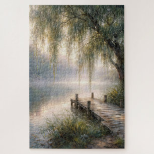 Nebeliger Seeboden mit Weidenbaum Puzzle