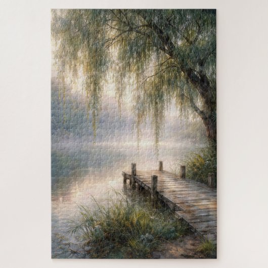 Nebeliger Seeboden mit Weidenbaum Puzzle (Vertikal)