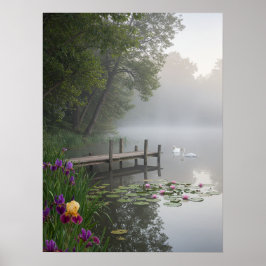 Nebeliger Seerosenteich mit Schwänen Naturkunst Poster