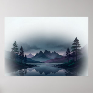 Nebeliger Teal-Lila-Bergsee-Kiefern-Landschaft Poster