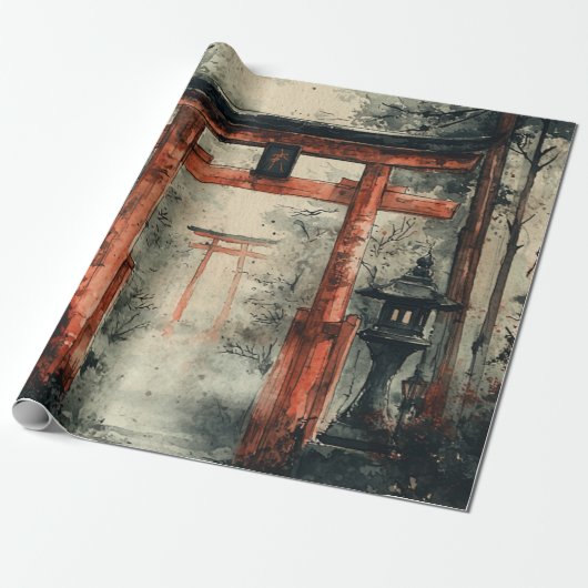Nebeliger Torii-Pfad Wasserfarbe Geschenkpapier (Ungerollt)