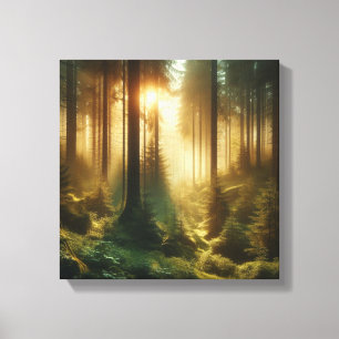 Nebeliger Waldsonnenschein mit goldenem Licht und Leinwanddruck