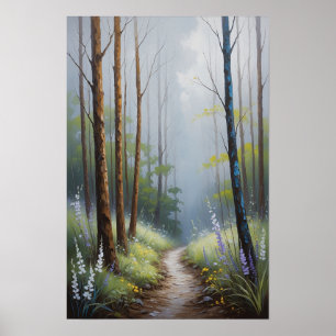 Nebeliger Waldweg mit sonniger Atmosphäre Natur Poster