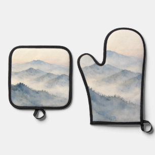 Nebeliger Wasserfarben-Landschaft Gebirge Ofenhandschuh & Topflappen-Set