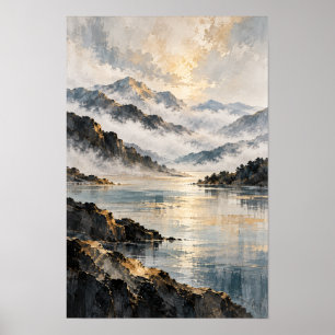 Nebeliger Wasserfarbenlandschaft-Wandkunst am Berg Poster