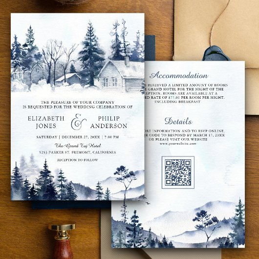 Nebeliger Winterberg-Kiefernwald QR-Code-Hochzeit Einladung