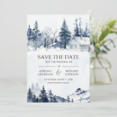 Nebeliger Winterberg-Kiefernwald QR-Code Hochzeit Save The Date (Stehend Vorderseite)