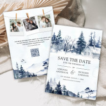 Nebeliger Winterberg-Kiefernwald QR-Code Hochzeit