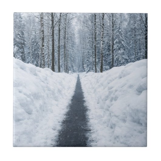 Nebeliger Winterwaldweg Winterlandschaft Fliese (Vorderseite)