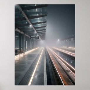 Nebellicht einer Zugstation in der Nacht Poster