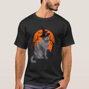 Nebelung-Katze süße Halloween-Hexenhut und Mond T-Shirt
