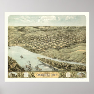 Nebraska-Stadt, panoramische Karte Nes - 1868 Poster