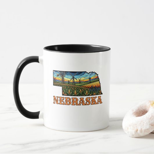 Nebraska Tattoo Style Outline with Cornfields Tasse (Mit Donut)