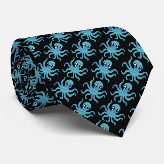 Neck Tie (schwarz) - Blue Green Octopus Krawatte (Gerollt)