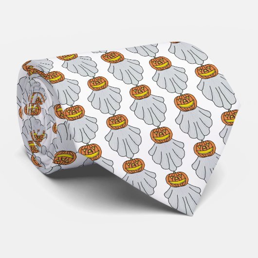 Neck Tie (weiß) - Pumpkin Ghost Krawatte (Gerollt)