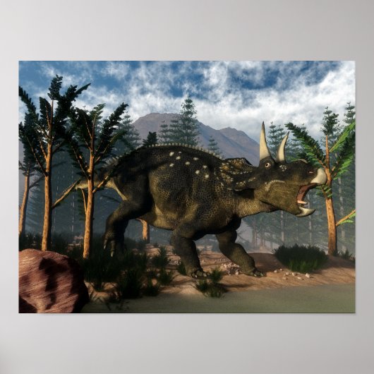 Nedoceratops roaring while running - 3D render Poster (Vorne)
