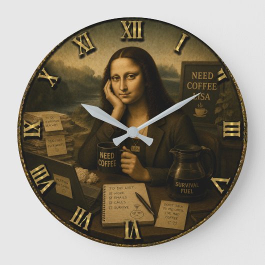Need Coffee Funny Mona Lisa Coffee Lover Gift Große Wanduhr (Vorderseite)
