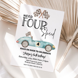 Need FOUR Speed Blue Race Auto 4. Geburtstag Einladung