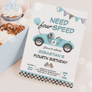 Need Four Speed Blue Race Car 4. Geburtstag Party Einladung