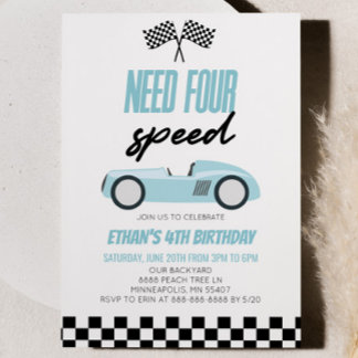 Need Four Speed Blue Race Car 4. Geburtstag Party Einladung