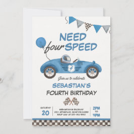 Need Four Speed Blue Race Car 4. Geburtstag Party Einladung
