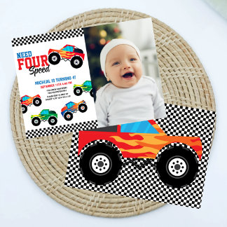 Need Four Speed Monster Truck 4. Geburtstag Foto Einladung